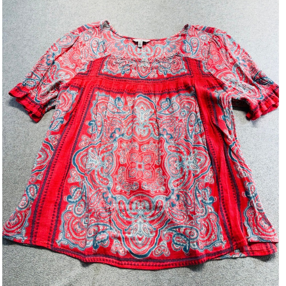 Lucky Brand Womens 1X Red Blue Paisley Peasant Blouse Smocked Boho Tunic Flowy